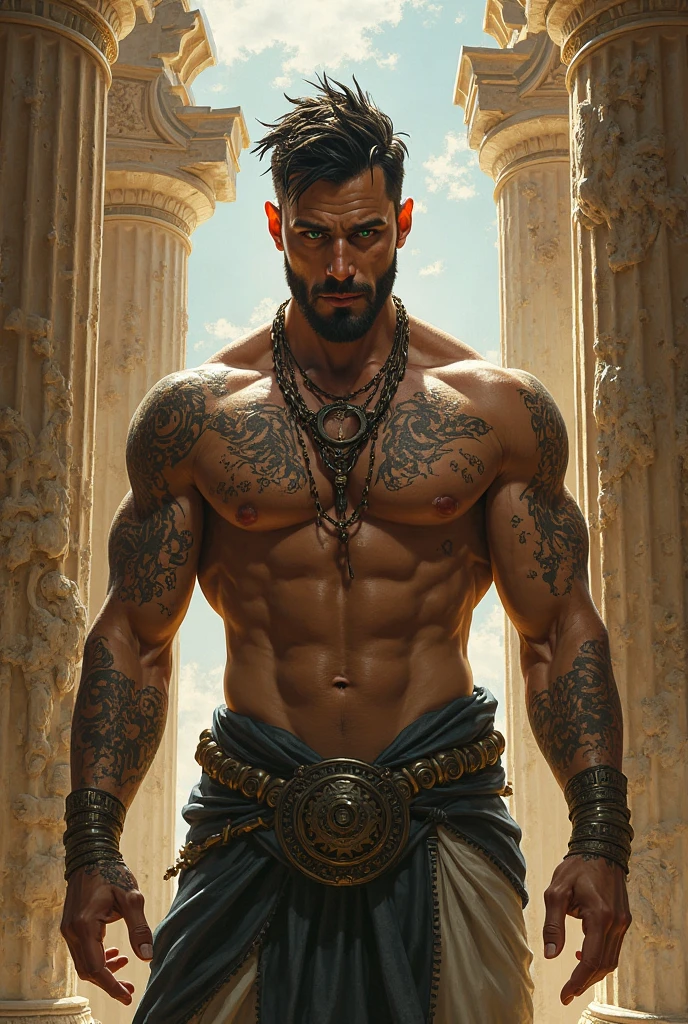 Handsome Arab Man, blue eyes and long brown hair with blonde highlights. Arab clothes, he is muscular and has tattoos, keffiyeh on the head, loose hair with braids, he is beautiful and seductive, red lips, perfect nose. The man looks like a god, beautiful belly and elegant pants.