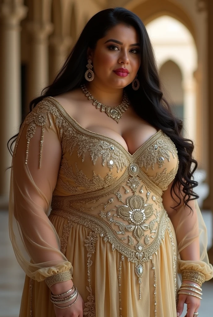 a wide bbw woman, hyper-realistic, high quality, volumetric lighting, highly detailed, award winning photographer, dramatic lighting, beautiful detailed face, beautiful detailed eyes, beautiful detailed lips, flawless skin, trendy dress, sexy pose, serene expression, lush garden background, vibrant colors, cinematic composition, masterpiece