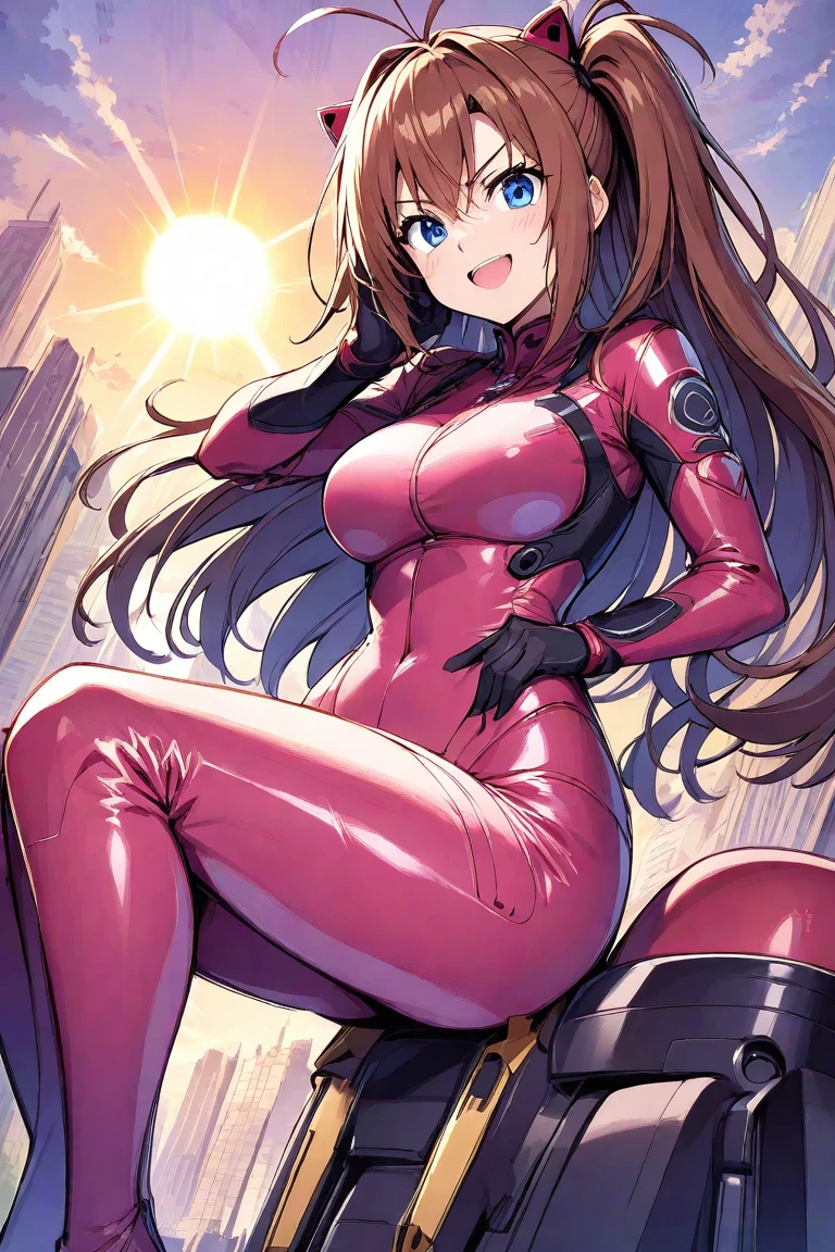 one Rebecca wearing a pink latex suit, long brown hair, blue eyes, large boobs, sexy hourglass figure, dominatrix, view from below her, laughing sadistically, extremely detailed artgerm, beautiful alluring anime woman, seductive anime girl, detailed digital anime art, [ 4 k digital art ]!!