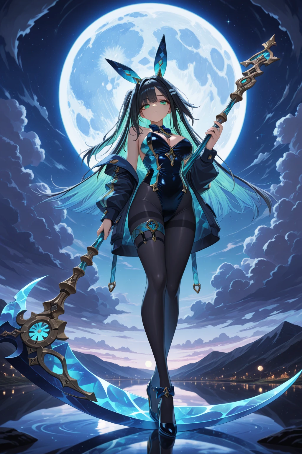 ((masterpiece， best quality))，Idol singer，Shining stage background，Delicate face，Smile，whole body，Perfect body proportions，Sparkling cyan eyes，sexly，Tattoo，Extremely beautiful，transparent，High heel，Fishnet stockings
