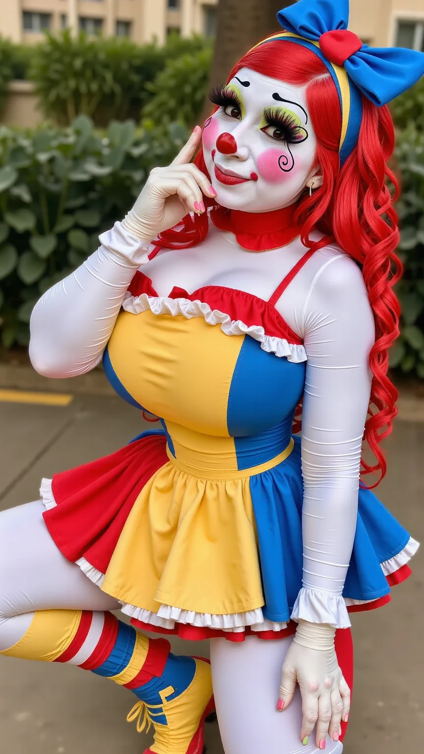 (((high quality:1.2))), Work of art, (8k), extremely detailed, ((High detail:1.2)) ((best resolution)), (Hotlexi woman), Solo, 24 year old Vietnamese female, ((sexy clown outfit)),