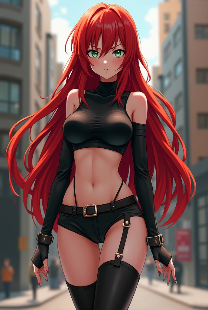 Anime Jojo's Bizarre Adventure Female Character,Female One,red hair with a fringe and a braid and blue eyes,wears a black captain's hat, cropped turtleneck blouse, thin waist and wide thighs and hips,short black shorts,black socks and boots