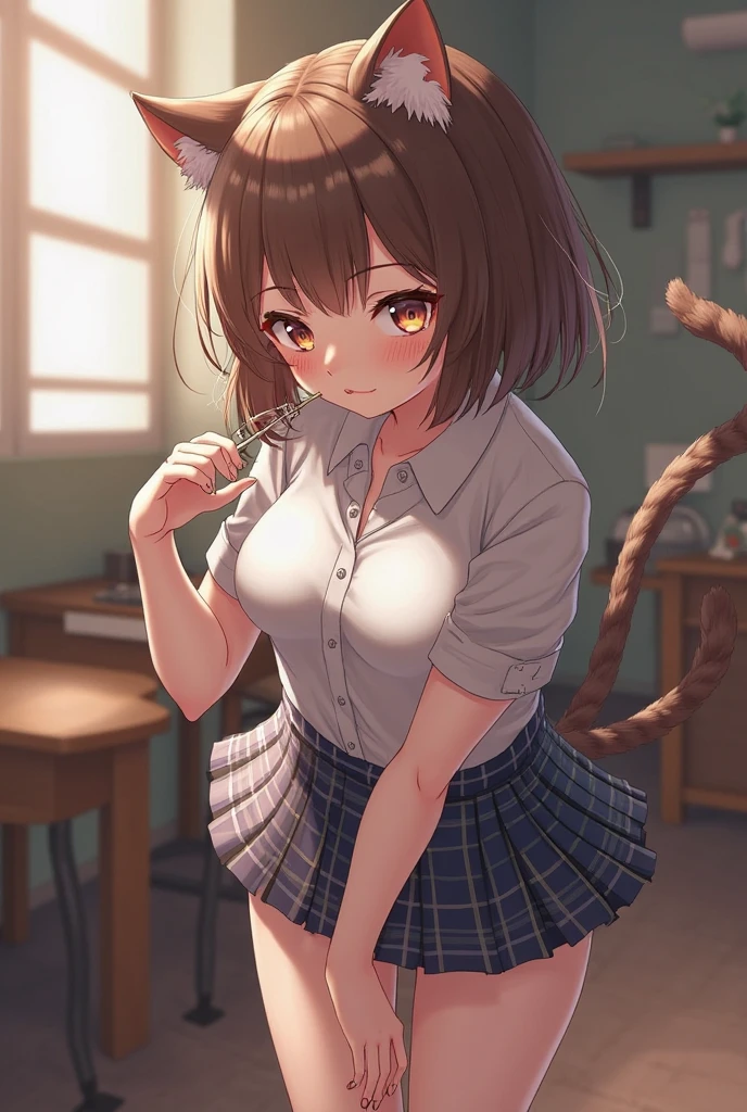 (((professional: step by step, considering even the smallest detail, god-level final result))): "perfect body, full body, cowboy photo, beautiful, masterpiece, best quality, realistic photo 1girl 16years, symmetrical face, serval kemono friends, cat tail, very low waisted 10% cowboy miniskirt, cat ears, blonde hair, round breasts, ((80% )), (((offer your ass to the viewer mini thong visible))), natural skin texture, realistic intricate details of eyes and face, lipstick, short fluffy hair, messy hair, smile, closed mouth, beautiful legs, tall woman, skinny, slim_legs, alone, huge chest, cleavage , (pose with buttocks in front of you), shirt, beautiful nature location, around flower location, (detailed background), plaid skirt, white minishirt, huge chest, cleavage, Show a small cleavage through the shirt, loafers, blurred background, blurred, holding, plaid, short sleeves, jk ribbon on the neck, jk ribbon, brown-hair, bracelet, water, bangs, school uniform, jewelry, parted lips, lips, from the side, depth of field, rear side solar lighting, canon eos 50mm camera