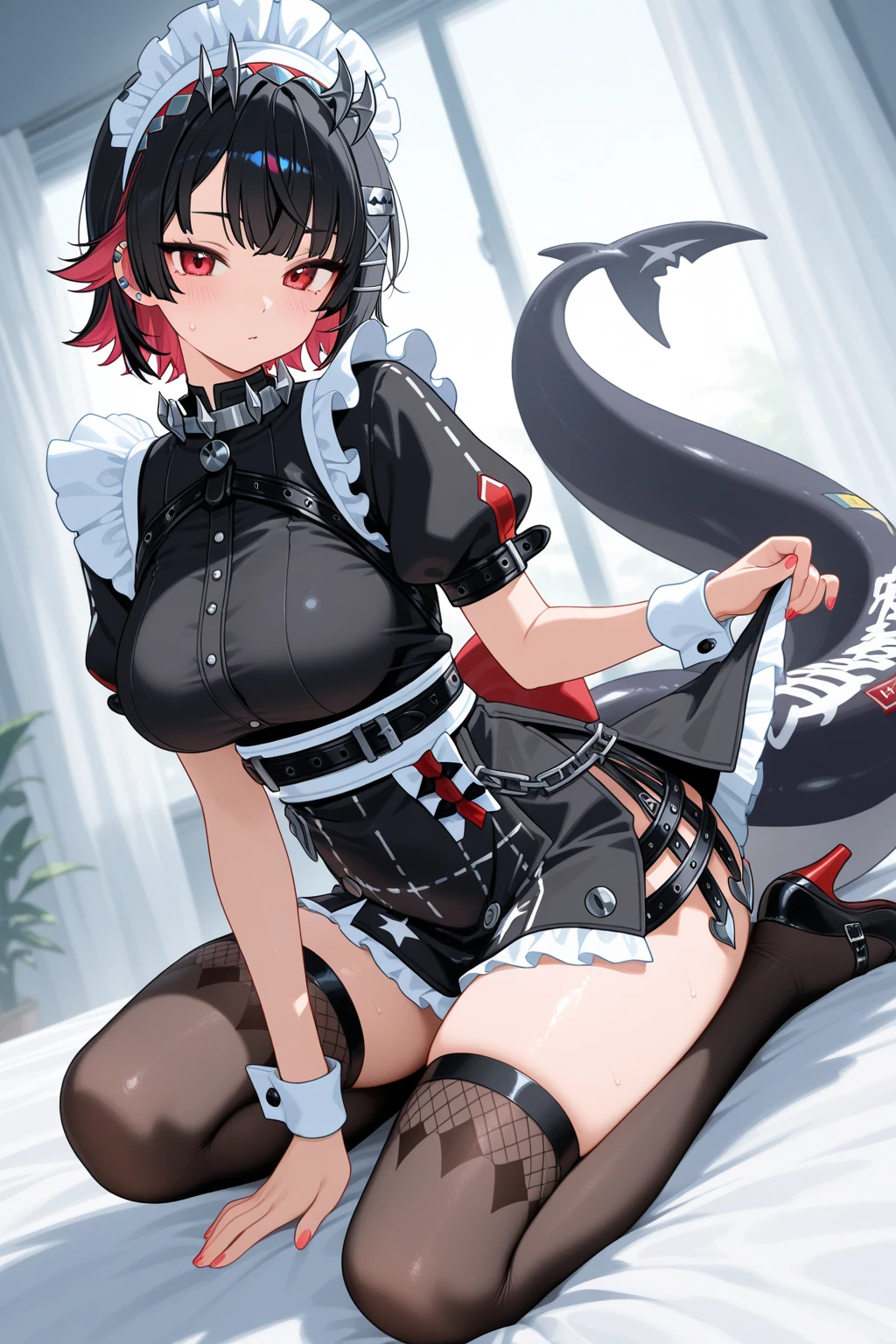 nsfw, Ellen Joe, Bikini Maid, Sweat, blush, Erect nipples, Sex, Cowgirl, whole body, Pupil in the form of a heart, , semen, , Pupil in the form of a heart, combination, clitoris, bed, Sulky face, Shark Tail,, Sectional view,