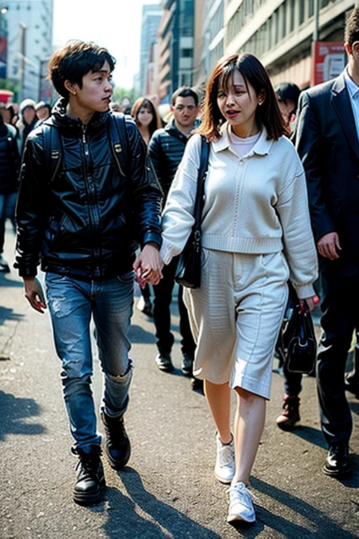 supporting
there is a young couple standing arm-in-arm, there is a longhaired attractive woman wearing a high-shine puffy jacket, a wetlook moncler jacket, a blond woman is crying with sorrow, a blond woman is holding an injured boy, there is a boy in jeans and a matte dark cotton-t-shirt hugging a blond woman in a very shiny padded laquered coat, a boy has a painful face and cannot walk, there is a blond girl giving support to an injured boy, a wounded boy cannot walk and has to be supported by a girl, a sad looking girl ia carrying a wounded boy, masterpiece, solo, russian woman, 20 years, clothed, jeans, boy in a cotton t- shirt, brown shoes, super detailed background, wheat field, detailed face, brown eyes, crying out, tears, desperation, pain, agony, accident pose, dramatic suffering pose, , hands detailed hands, fingers:5, brunette, full body and legs portrait, female in shiny black jacket, male boy in matte dark t-shirt
