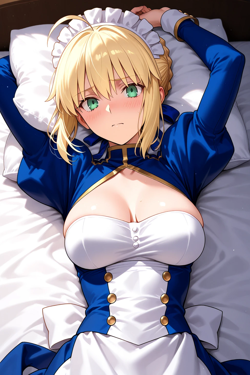 best quality, masterpiece, highres, ray_tracing_graphic, solo, adult_female, {saber_fatestaynightufotable:1.15}, blonde_hair, little_ahoge, green_eyes, blue_ribbon, 1girl, anime_coloring, horny_face, five_fingers, blush, large_breasts, undressing_shirt, blue_skirt, from_the_top, lying, bed, dark_room, night_time, looking_at_viewer, oily_skin