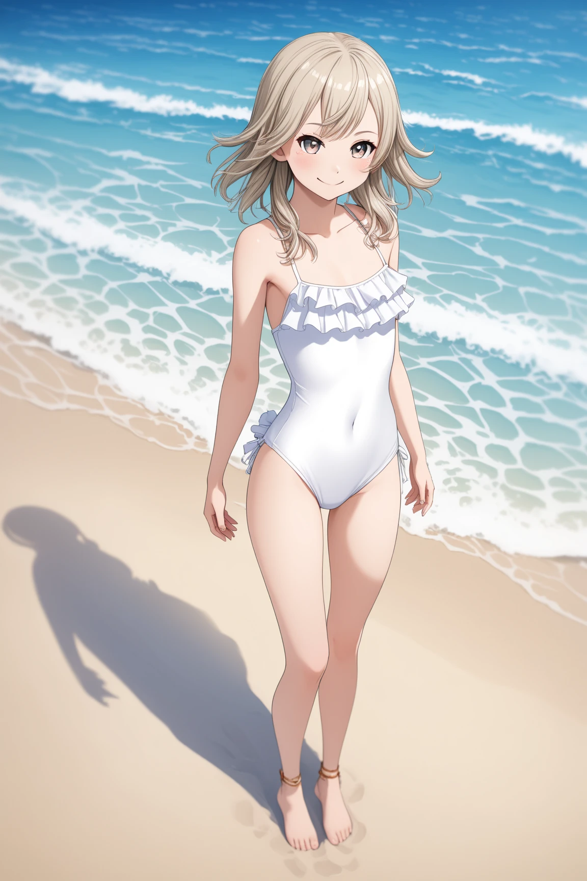 ((Highest quality)), ((masterpiece)), (detailed), Perfect Face, Perfect Arms, Perfect hands, Perfect Fingers, anime, Ultra-fine illustration, ((1 person)), Cute girl, (Smile), Gray Hair, Blue Eyes, {Black off-the-shoulder swimsuit}, One piece swimsuit, Ocean, sun, field, Are standing, (Arms at your sides), Cowboy Shot,
