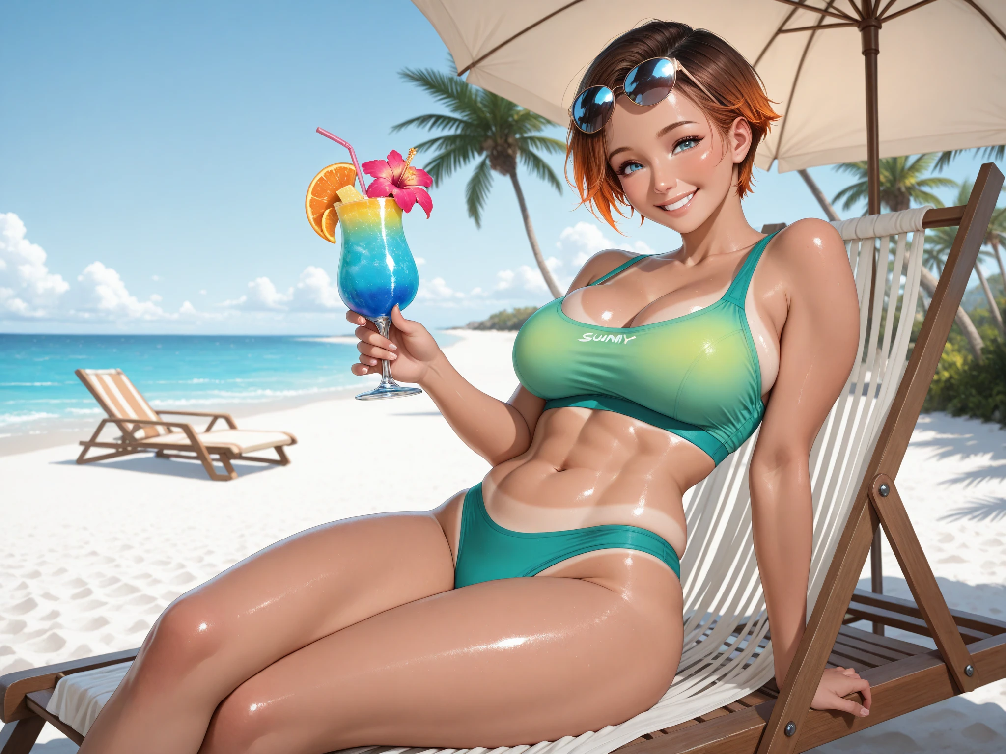 (4k, best quality, masterpiece:1.2), (realistic, photo-realistic:1.37),helsie, drinkin on a beach, standing, , purple micro bikini, fishnet, green eyes, freckles, thick things, aroused, horny