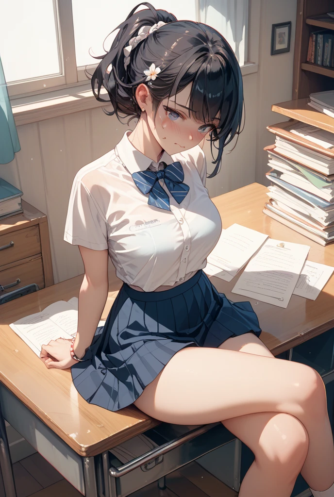 score_9,score_8_up,score_7_up,masterpiece,best quality, source anime, photorealistic, super detailed, extreme detailed, rating_explicit,
1girl, sitting, yokozuwari, cleavage, (zettai ryouiki:1.3),
BREAK girl, 22yo, short hair, bob cut, (blunt bangs), black hair, (tareme, detailed cute brown eyes), curled eyelashes, (large breasts:0.9),
shiny hair, beautiful detailed eyes, beautiful face,
slender, small ass, slim legs,
white collared shirt, black tight mini skirt, loafers,
painful, (closed eyes:1.2), frown, open mouth,
office, hallway, Documents scattered on the floor,