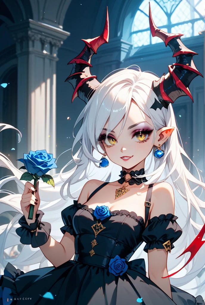 masterpiece,best quality,highres,1girl,upper body,cowboy shot,arms behind back,((ethereal seductive beauty, angel + succubus)),(eyelashes, lips),(half closed eyes:0.85),translucent dress,feminine pose,voluptuous,large breasts,wings,blood stein,feathers,roses,bondage,shackled,restrain,bounded in chains,look at viewer,dynamic composition,