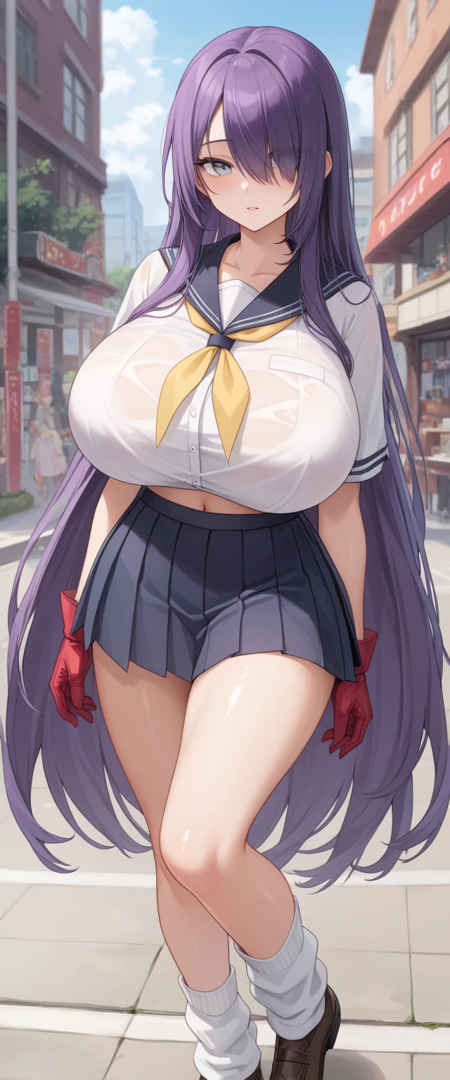 (masterpiece, best quality:1.2),illustration,8k,HD,1 Girl,(Huge breasts、Cleavage, cleveage、Thick thighs)), Perfect body、Solitary,Upper Body,Gloves,,fingerless Gloves,Headbands,Long hair,Setofuku,skirt,purple hair,Star Hair Accessories,Purple Eyes,sock,Loafers,