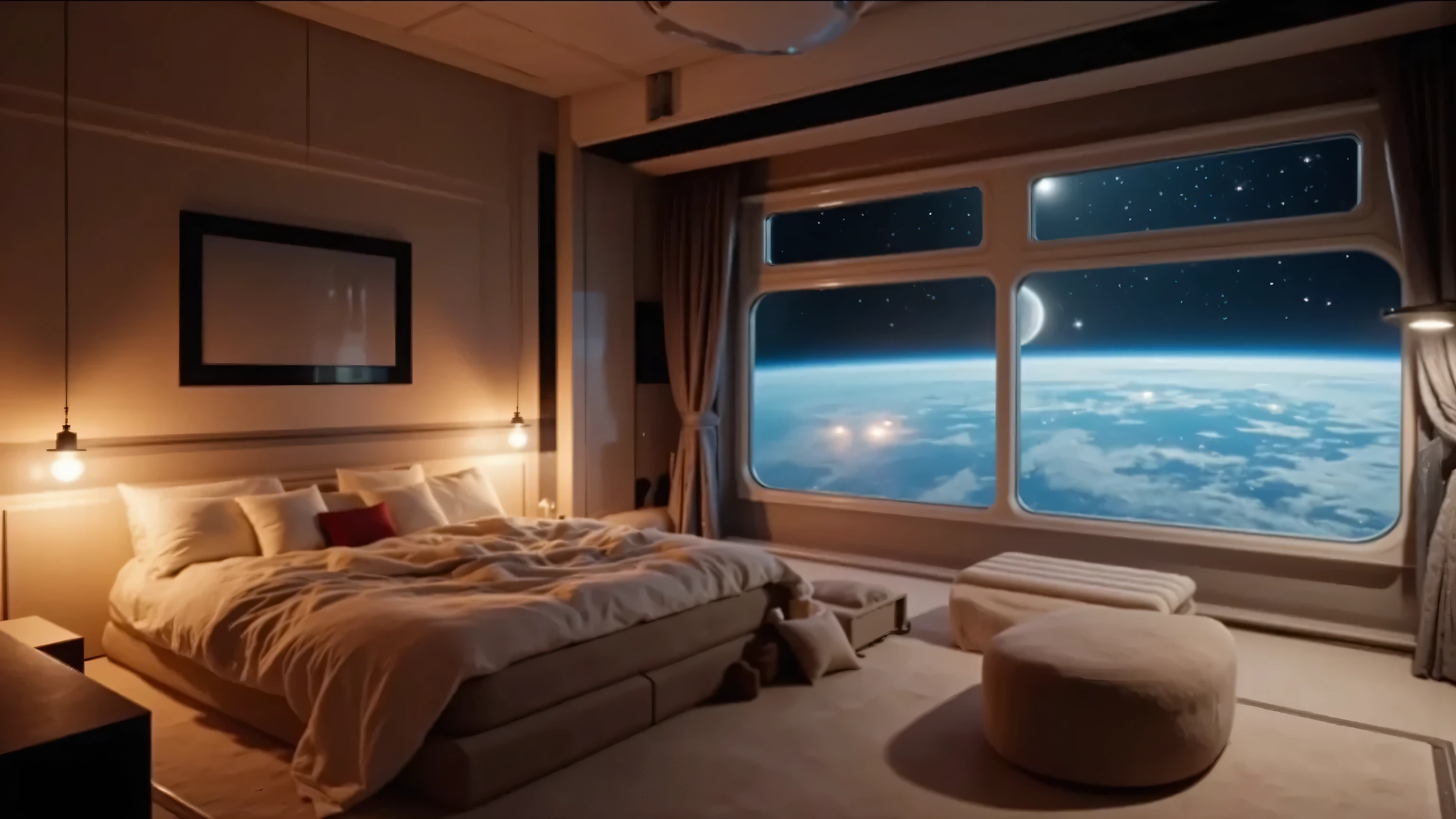 cozy futuristic spaceship bedroom, large panoramic window showing Earth and space, warm ambient lighting, soft bed with pillows and blanket, sci-fi interior, modern design, cinematic lighting, high detail, ultra realistic, 16:9