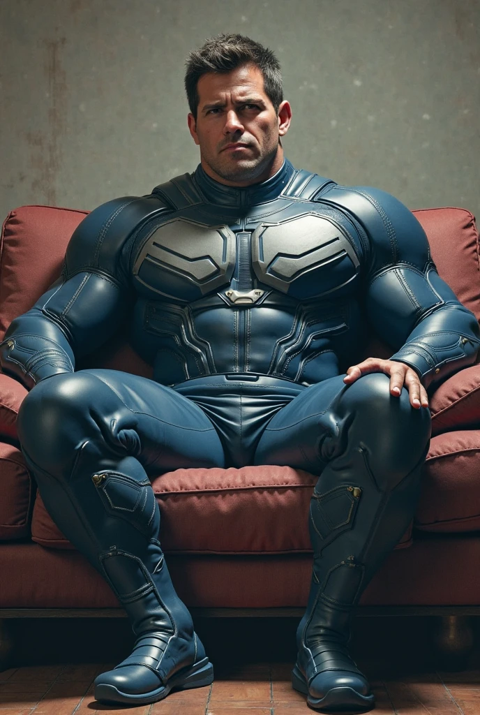Allard man in yellow and black clothes, sitting on a sofa stained with milky white Slime, muscle hero, Buzz Cut, tall and burly, muscular! Wearing black sunglasses, tall and burly, stealth suit, symmetrical pattern texture design, super buff and cool, high resolution committee, character design police, black military boots, attractive strong male