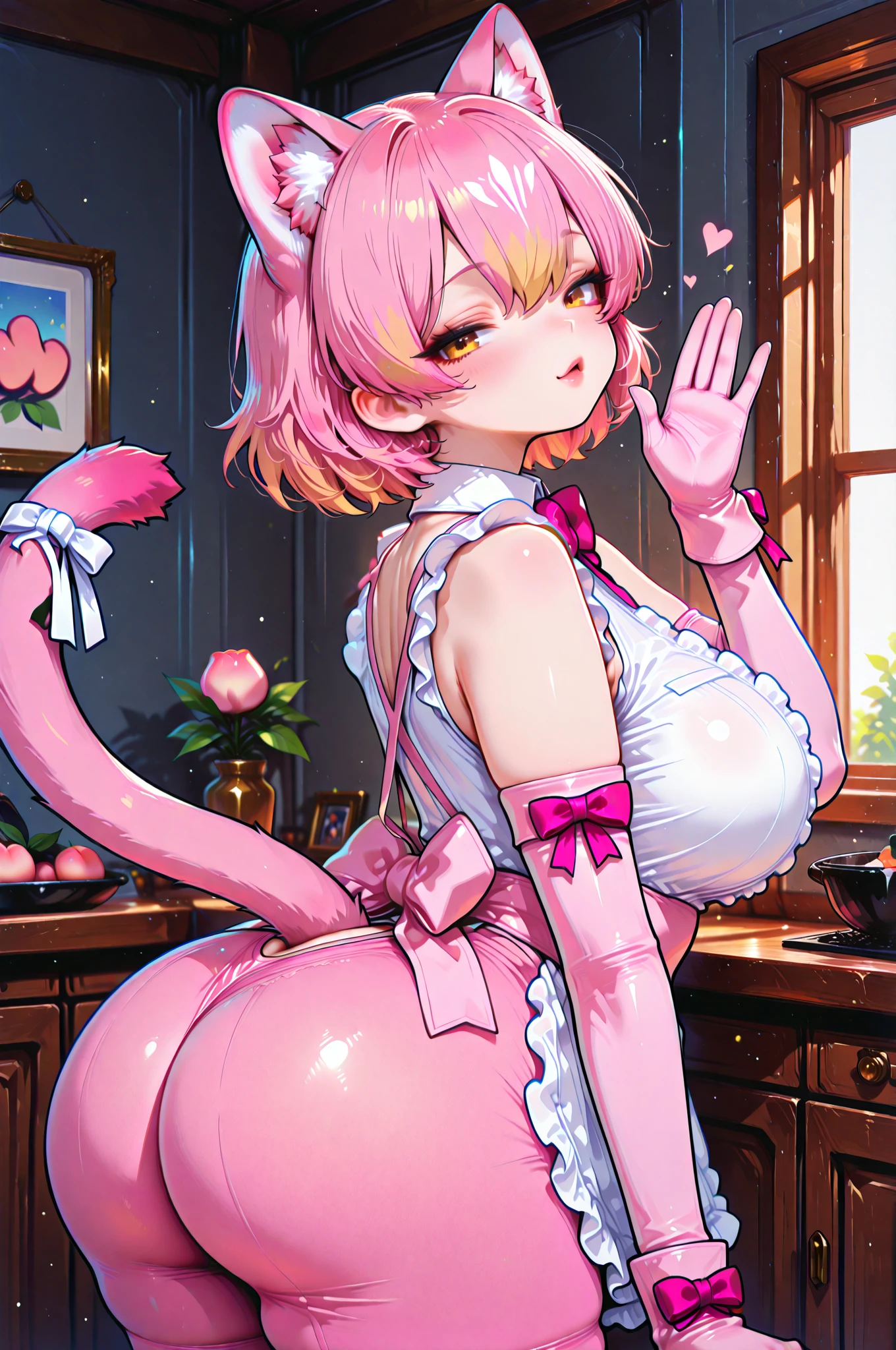 1girl, feminine, background, (freckles), blush, loose pink hair, huge breasts, ((sweat)), view from side, evening shadows, hot breath, open mouth, dimmed lighting, standing, sweaty, ((sweating)), (sweat), big ass, wide hips, toned body, cow ears and small cow horns, cow tail, cow girl, (motion lines), voluptuous, mature, milf, flustered, wearing milk maid outfit, cleavage, skirt, market in a modern city, selling milk, market stand, milk bottles, nipple bulge in top, anus, pussy, pubic hair, bent over, duo, fat man fucking cowgirl from behind, sex, standing doggystyle, (motion lines), thrusting, view from front,