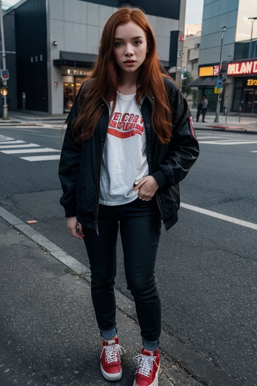 woman, realistic, young, red hair, jacket, full body, model, possing, sunset, detailed face, in a park, realistic background, preety face, ambar light eyes