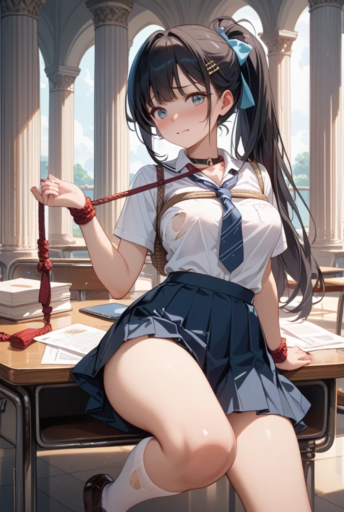  (3man:1.7),1woman, pov, ((pussy juice)), standing,chair, nude, spread legs, (penis in pussy:1.2), (rope:1.2),( shibari:1.2), pussy, medium breasts, solo focus, bangs, black eyes, (((sweat))), (wet hair:0.3), RAW photo, best quality, masterpiece, realistic, classroom,poneyTail、(slim figure:1.2)、(Smaller chest:1.4)、Beautiful crotch、japanese girl,18 years old,high school student,,fullbody,,(restrained:1.7),(arms behind back:1.0),high school,(2boy:1.7),(1man:1.7),(3girl:1.7),student,teacher,desk,Chair,orgasm,sailor suit,high ,public indecency,★embarrassed,full-face blush, naked:1.5),(the man is naked:1.5),many students,(front view:1.0),(A naked man stands next to a woman:1.2),(a man is touching a woman's hair:1.5),man is 50 years old,man is slim,man is smile,man is teacher,(man is suit:1.5),