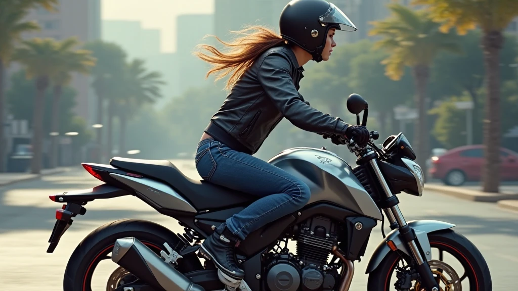 (Best Quality), Masterpiece, Ultra-high-resolution photos,1 Cute Girl, Big motorcycle ride, Ripped jeans, White sneakers, Motorcycles driving through the city at high speed, (slow motion: 1.3), (motion blur: 1.4), (Speed Line: 1.4), sense of speed, panning shot