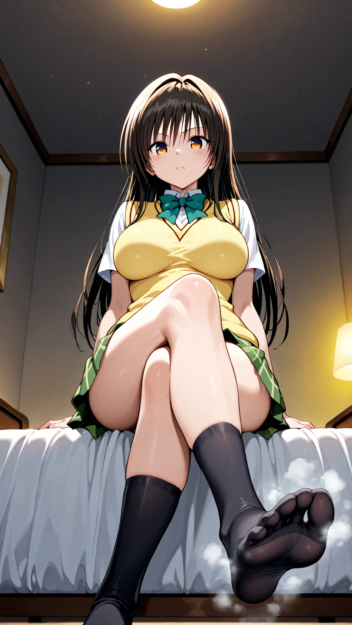 nsfw,kotegawayui, yui kotegawa, black hair, (brown eyes:1.5), long hair,
BREAK green skirt, plaid, plaid skirt, sainan high school uniform, school uniform, skirt, sweater vest, (yellow sweater:1.3), short sleeves,
BREAK looking at viewer,1boy with penis,
BREAK (masterpiece:1.2), best quality, high resolution, unity 8k wallpaper, (illustration:0.8), (beautiful detailed eyes:1.6), extremely detailed face, perfect lighting, extremely detailed CG, (perfect hands, perfect anatomy), spread legs, (lay down on bed:1.2) wet pussy, fog, sweat,blushing,hands up, cum in pussy,(sex with the boy:1.5), scream, penis in pussy