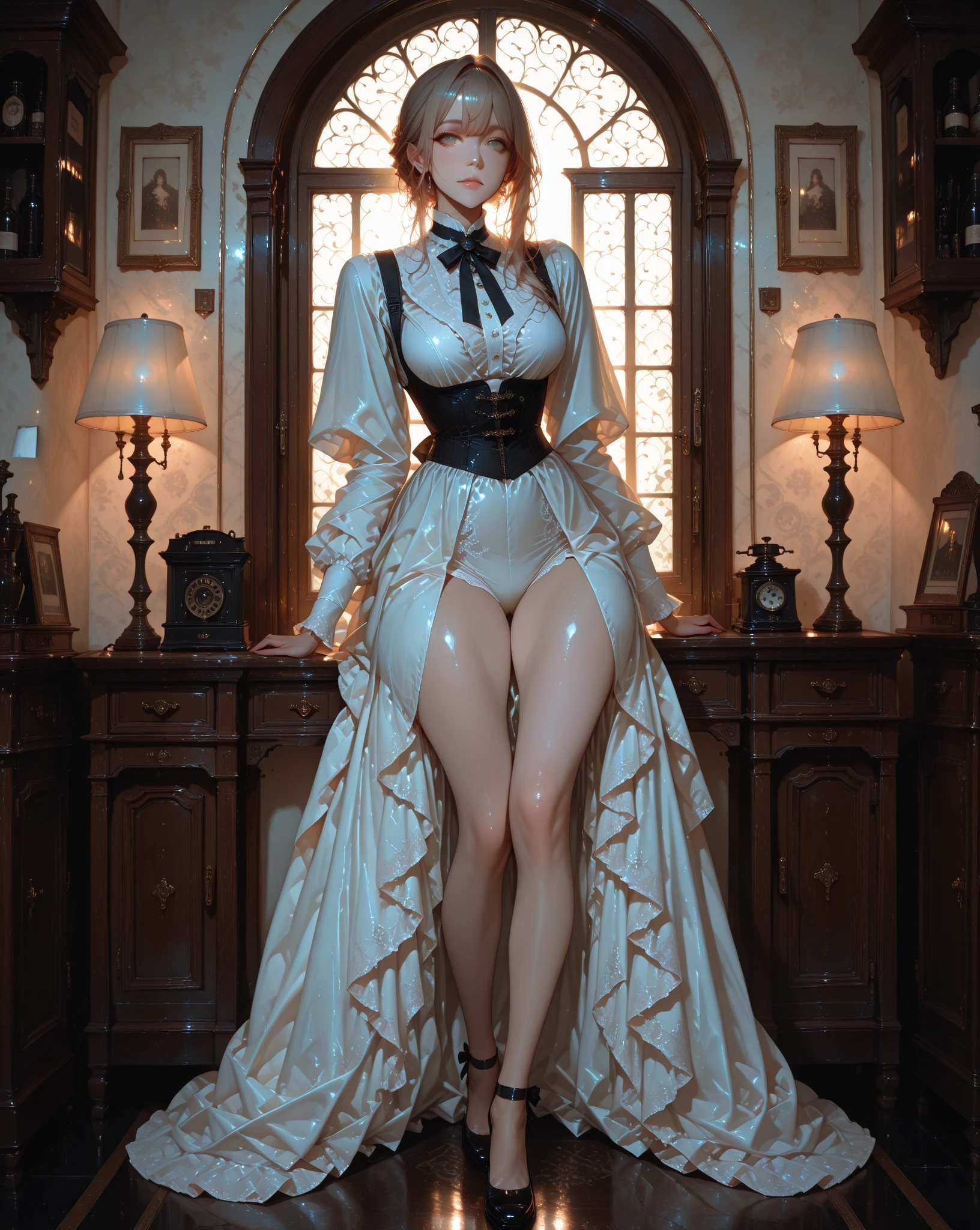(Full body image:1.5), (Princess Zelda, Are standing, alone:1.2) ,(Large Breasts:1.5), (She is wearing a black maid outfit、wearing a very short white skirt。/Her body-hugging clothes:1.3), (She's in front of the bed in the hotel room:1.3), she has (blue eyes, Dark green mohawk:1.2), (She's smiling, Looking at the audience. Exhibitionist pose:1.2), Anime Style, 16K, Highest quality, Attention to detail, Textured skin, Ultra-high resolution, masterpiece, Anatomically correct