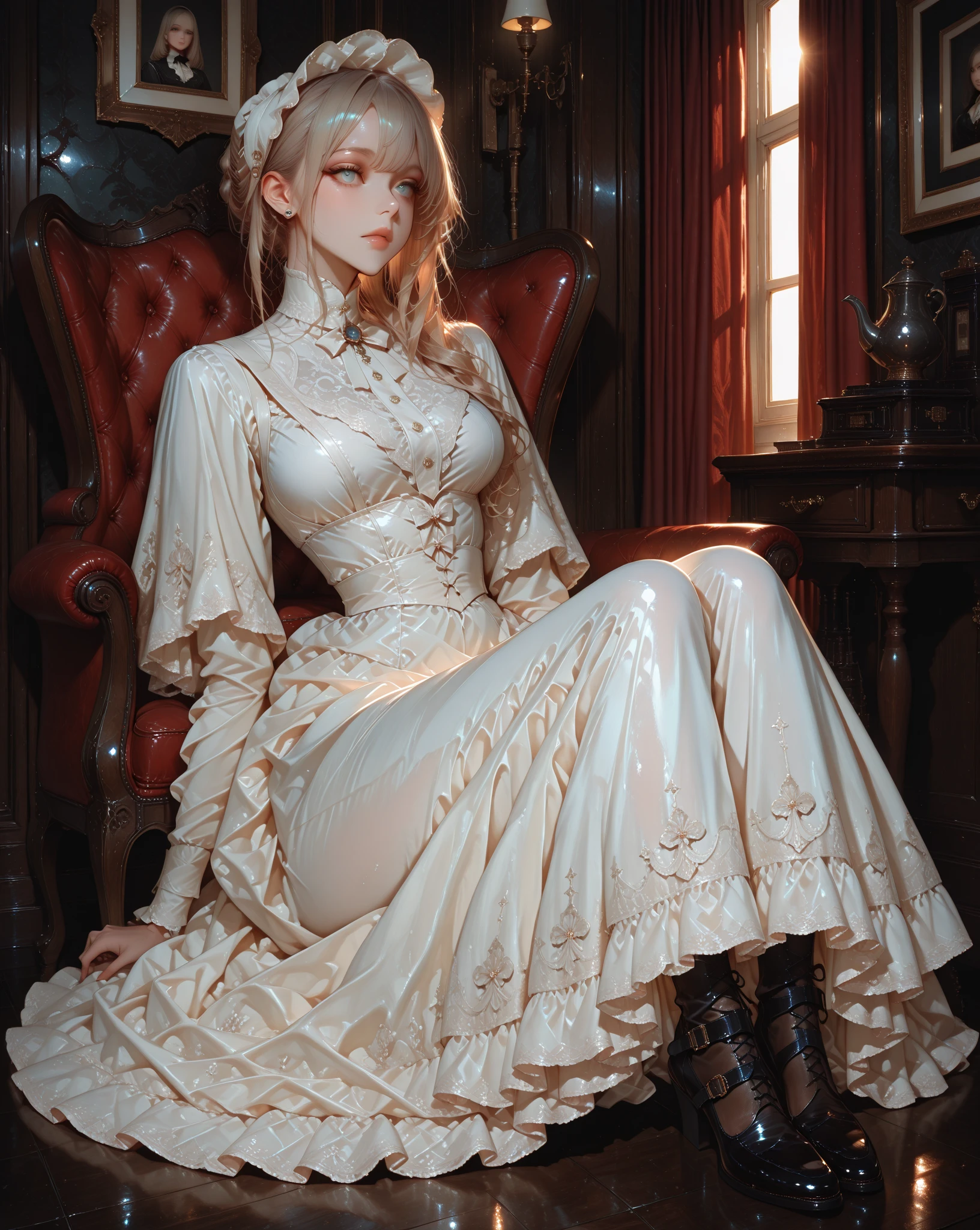 [Detailed illustrations, art based on extremely ideal anatomy, very detailed and detailed drawings, slow and delicate lines, realistic texture expression],(((Color tressed lines)),(Artwork with outstanding craftsmanship),(((Strange bedroom background)),Girl Japanese Beauty 15 years old (Luxury girl) [Cat ears (plump) (large, drooping breasts, (wide areolas))], Babydoll White Corset (Ribbon Ruffled Lace Fabric (Lolita Fashion)),(Realistic and Lustrous Skin Expression ((High Humidity))(Soft Body))),Transparency Soft Ambient Light,Gravure (((Seated Weakness)))),((Fine and Beautiful Skin Expression (Transparency))),(Perfect and Beautiful Face,Realistic Face Details),(Perfect Eyes (Realistic Eye Details (Beautiful iris drawn in detail(sharp pupils))),(Perfectly proportioned proportions)),(Design built to a high level,((Advanced structural understanding)),Ideal color coordination),(((Complex decoration (Ultra-dense detail))),(Detail,High definition),[Ultra-precision detail,HighQuality,High resolution,(Multilayer texture))],(( Accurate simulation of the interaction between light and material, understanding of air flow, mechanically correct expression))), ((visual art with a sense of narrative)).