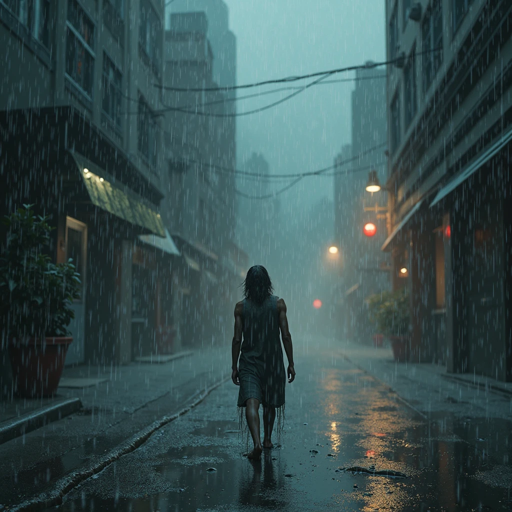 Best picture quality, masterpiece, ultra high resolution, (fidelity :1.4), photo, 1 girl,[(sadness)],white shirt, Dim, dark, desperate, pitying, pitiful, cinematic,tear,teardrop,(Torn clothes:1.5), (Wet clothes:1.4), bare shoulders,Real rain,wet hair,..