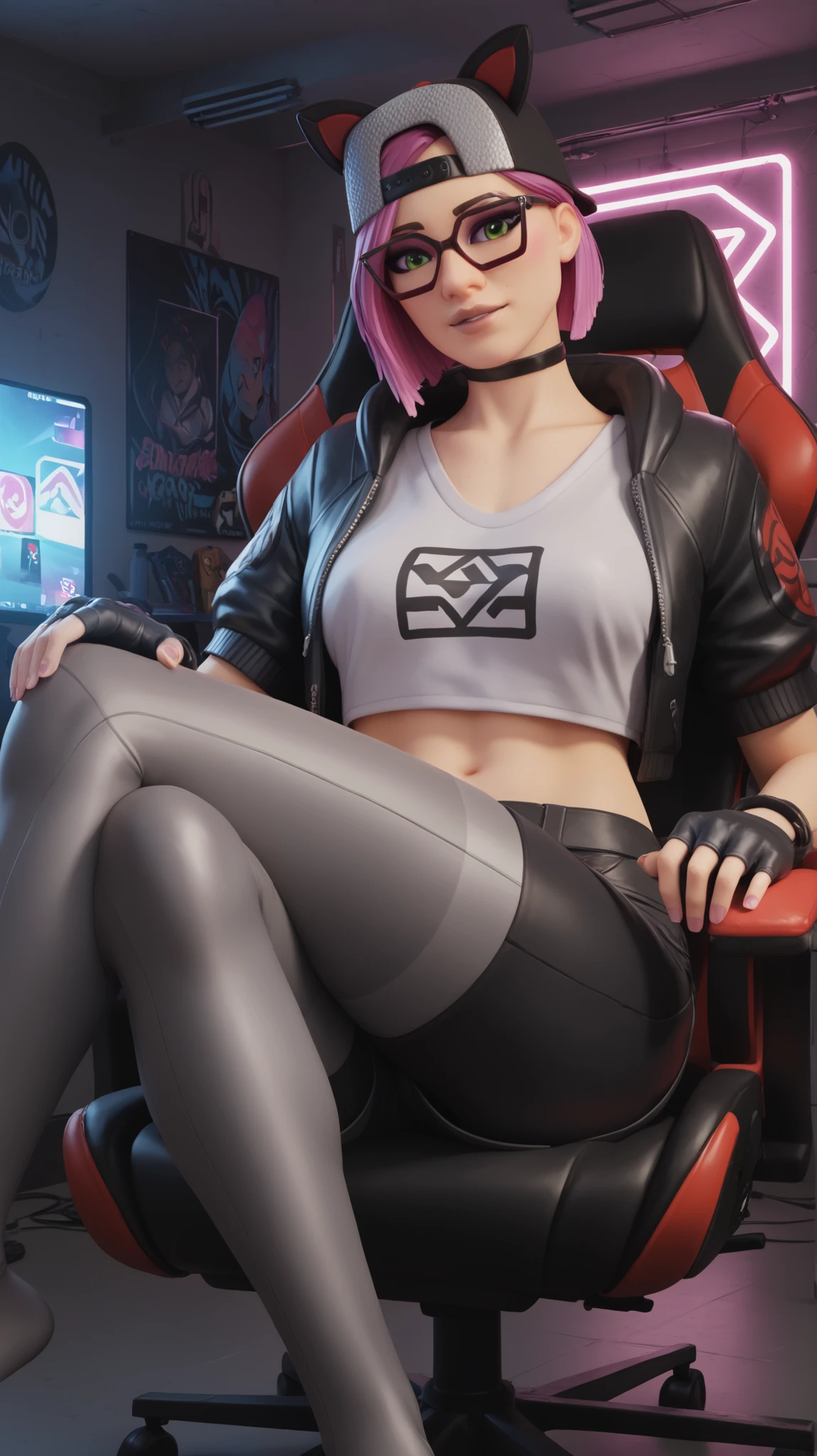 Lynx, riding behind , alto detallado,Extremadamente detallado, Ojos finos, pose femenino, pelo corto rosa,gorra, chaqueta azul, guante sin dedos, con curvas, con Tanga Azul , Gaming room with Neon light