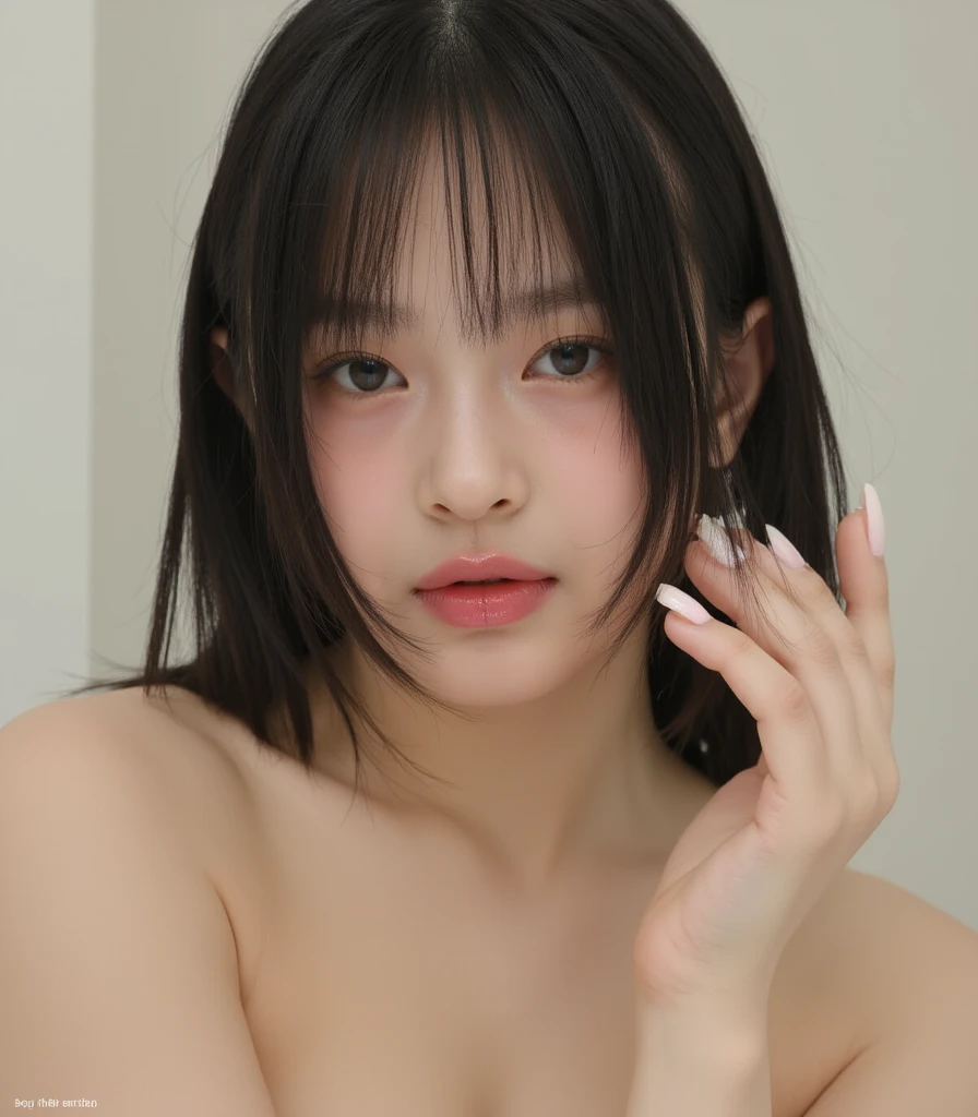 innocent face, (((realisitic)))a picture, masterpiece, top-quality, 1girl in, a slender waist, top-quality, pale-skinned, Black background, (Face and eye details:1.1), Unique, red blush, ((full of shyness)), extremely delicate and beautiful girl, dynamicposes, (to8contrast style), torch clothes, ????? body, nude, full naked, showing, beatiful tits, hard nipples, magazine cover, wet body, seductive smile, innocent face, at public place