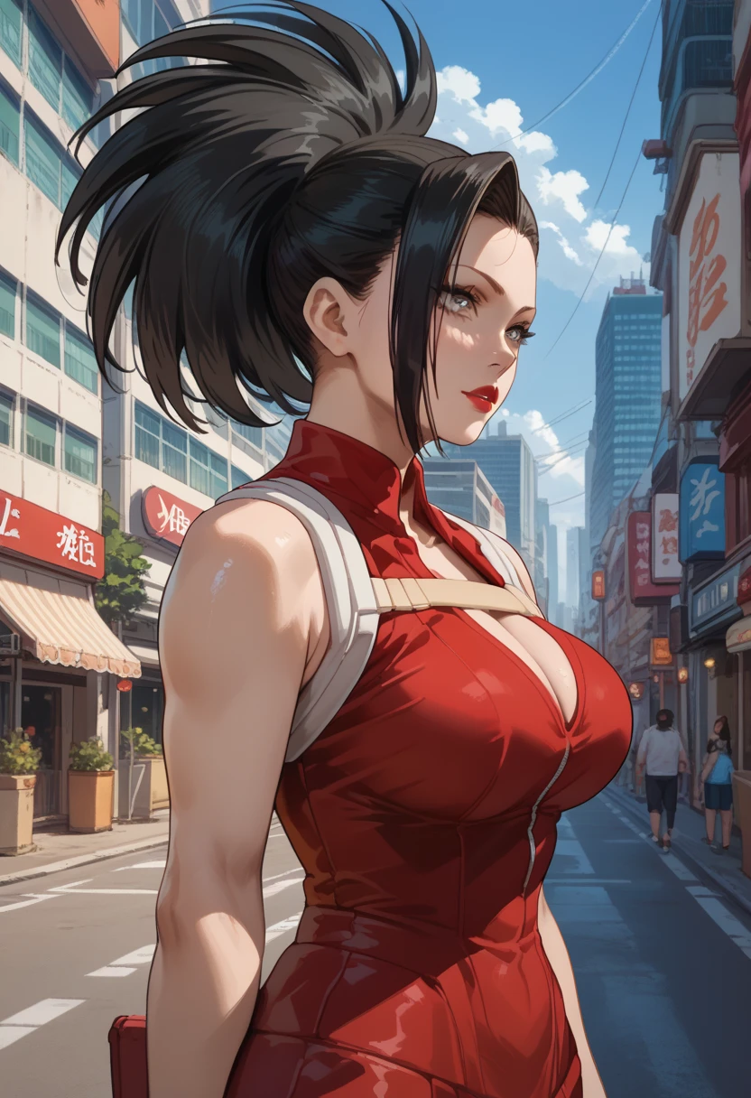 (hero neisan art style:0.7), score_9, score_8_up, score_7_up, score_6_up, uncensored, Yor Briar, black hair, earrings, white hairband, hairband, long hair, sidelocks, red eyes, BREAK (masterpiece:1.2), best quality, high resolution, unity 8k wallpaper, (detailed eyes:1.3), extremely detailed face, perfect lighting, extremely detailed CG, (perfect hands, perfect anatomy), white tank top, red (samurai armor), red gloves, pants, (getting undressed), night city, neon lights, dim lighting, dark alley, bokeh, shimmering light, magic-realism,