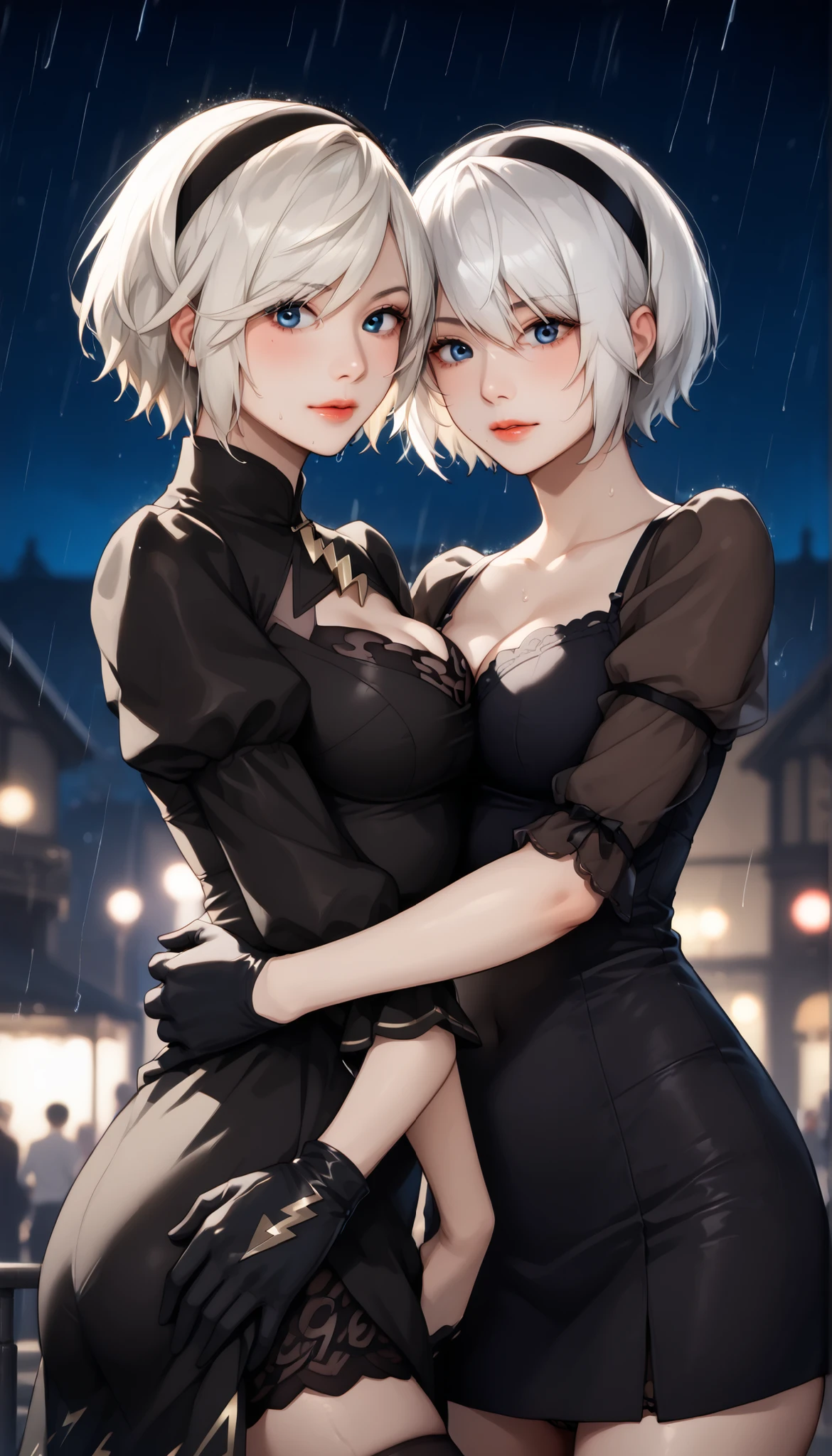 realistic, 1girl, white hair, purple eyes, glowing eyes, crop top, (underboobs:1.2), yoga pants, parted lips, big breasts, sagging breasts, (self breasts grab:1.5), blush, night, sun, sunlight, sea village, sea at night, night sky, port