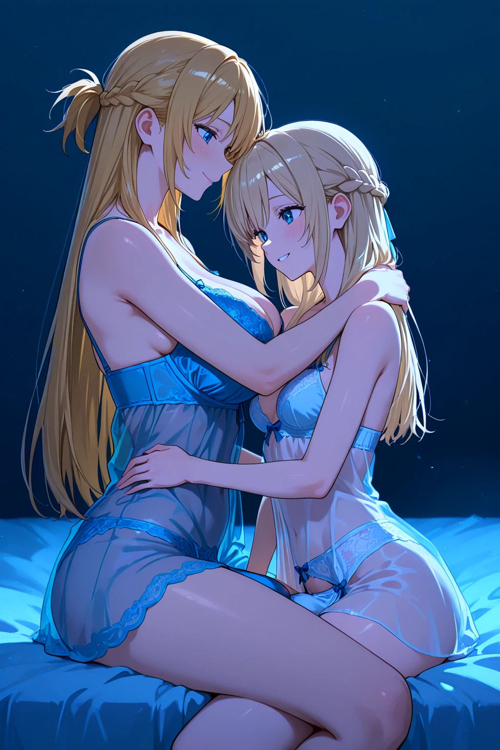 Highly detailed face, Perfect lighting, Highly detailed CG, (Perfect hands, Perfect Anatomy),Super detailed,Two Girls,lily,Look at each other,eye contact,Breasts pressed against each other,　Three girls watching shyly　A large amount of sweat drips from the forehead,　Overall orange background in the evening　Sunset sunlight,Full body depiction on screen,　Glaring Eyes　Showing disgust　Huddle together　Blonde Long Hair　anime　Primary school students　Romanesque style　 Super Curly Hair　Super long sideburns　See-throughの衣服　Wet and sheer pearl skin turtleneck wedding dress　３人の少女達がcuteポージング　Pool at night　Droopy eyes　Peach ribbon headband　天蓋付きのcuteベッド　Aqua Blue Rubber Sheets　Aqua Blue Rubber Bed　Lying down　Sad face　Embarrassing　Blushing　Wet and transparent pearl skin berry long skirt　Wet and transparent pearl skin tights　Wet and transparent pearl skin innerwear　Rubber luster　Multiple pink ribbons　Soaked in the rain　Wet and transparent pearl skin super long gloves　Wet and transparent pearl skin pantyhose　Hot Pink Garter Belt　cute　Pitiful　clear　Big eyes　Droopy eyes　Pale pink rouge　Shocking Pink Pink Long Boots　Wet and transparent pearl skin body　See-through　See-through　Wet　衣服が汗で濡れてSee-through　全てWet