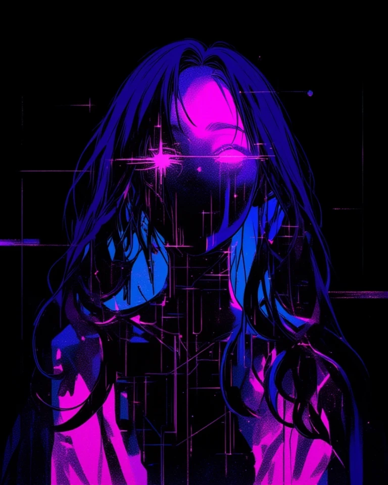 score_9、score_8_up、score_7_up、score_6_up、source_アニメ、Juri Han UV、One girl、solo、Paint Splatter、body paint、Black background、Glowing Skin、Backlight、