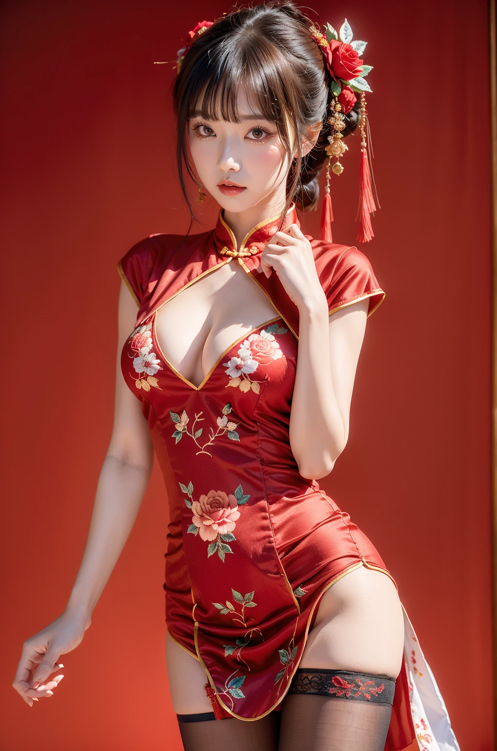 Red tight-fitting short cheongsam with floral pattern，Perfect body，Nice face，15 year old beautiful girl，Pull up the hem of the cheongsam to reveal your underwear，slim face，flower hair accessories，legs spread，There is thick liquid flowing down the inside of the leg，The front of the cheongsam is soaked，transparent underwear，Raised nipples，The small slit below is recessed，Water leaked from the small slit and soaked the underwear，A shy expression，blush，Pout