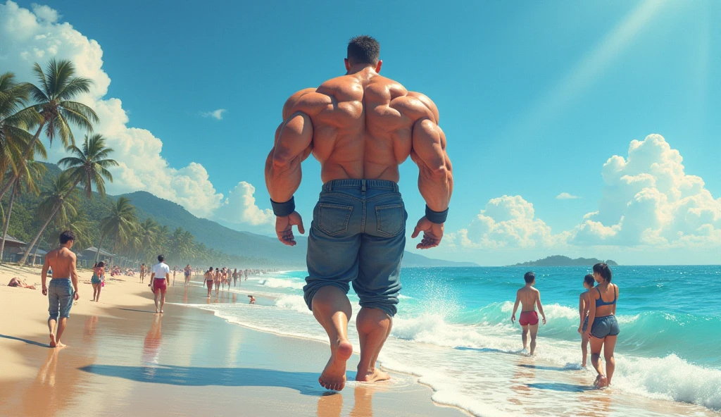 A rear view portrait, from the distance, full body photograph  mid age man heavy bald Strong, muscular, bodybuilder, walking at the beach completely naked, back view, he has a hairy back, epic realistic, photo, faded, neutral colors, ((((hdr)))), muted colors, intricate scene, artstation, intricate details, vignette --auto --s2