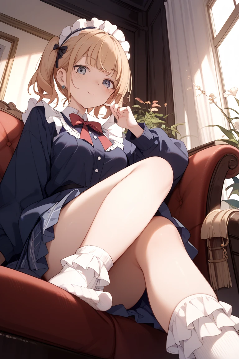 very cute and beautiful girl,(Very detailed美しい顔), (smile),blush,Black Hair,Seraphim,((Blonde、Short Hair)),(White Shirt、Pleated navy blue pread your legs、Squat)、Sitting、(From below)、(Lace panties), Country road, (Highest quality,masterpiece:1.0),Absurd,High resolution,Super detailed,Very detailed,32K,8k resolution, Intricate details,Movie Scenes,Detailed Background,alone,Dynamic Angle,
