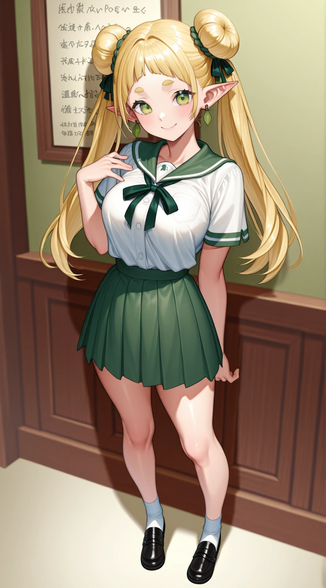 blonde hair, long hair, green eyes, happy, school uniform, short skirt, medium breast, cleavage, classroom, slim legs, navel, open clothes