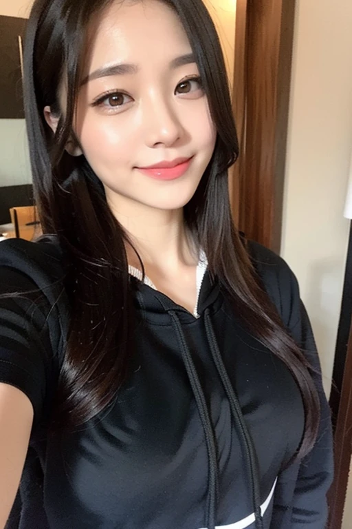 "1girl,photo of momo, brown hair,best quality,(detailed face:1.4), (looking at viewer:1.4), shiny skin, smile, city at night background ,(half body:1)low angle