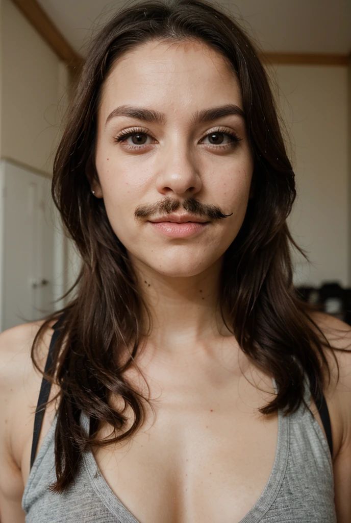 white woman bearded to the cheeks and hairy neck, big nose, makeup, black hair tied back, wears huge shaggy, thick and neat beard, black eyes, big golden earrings, holds dollar bills