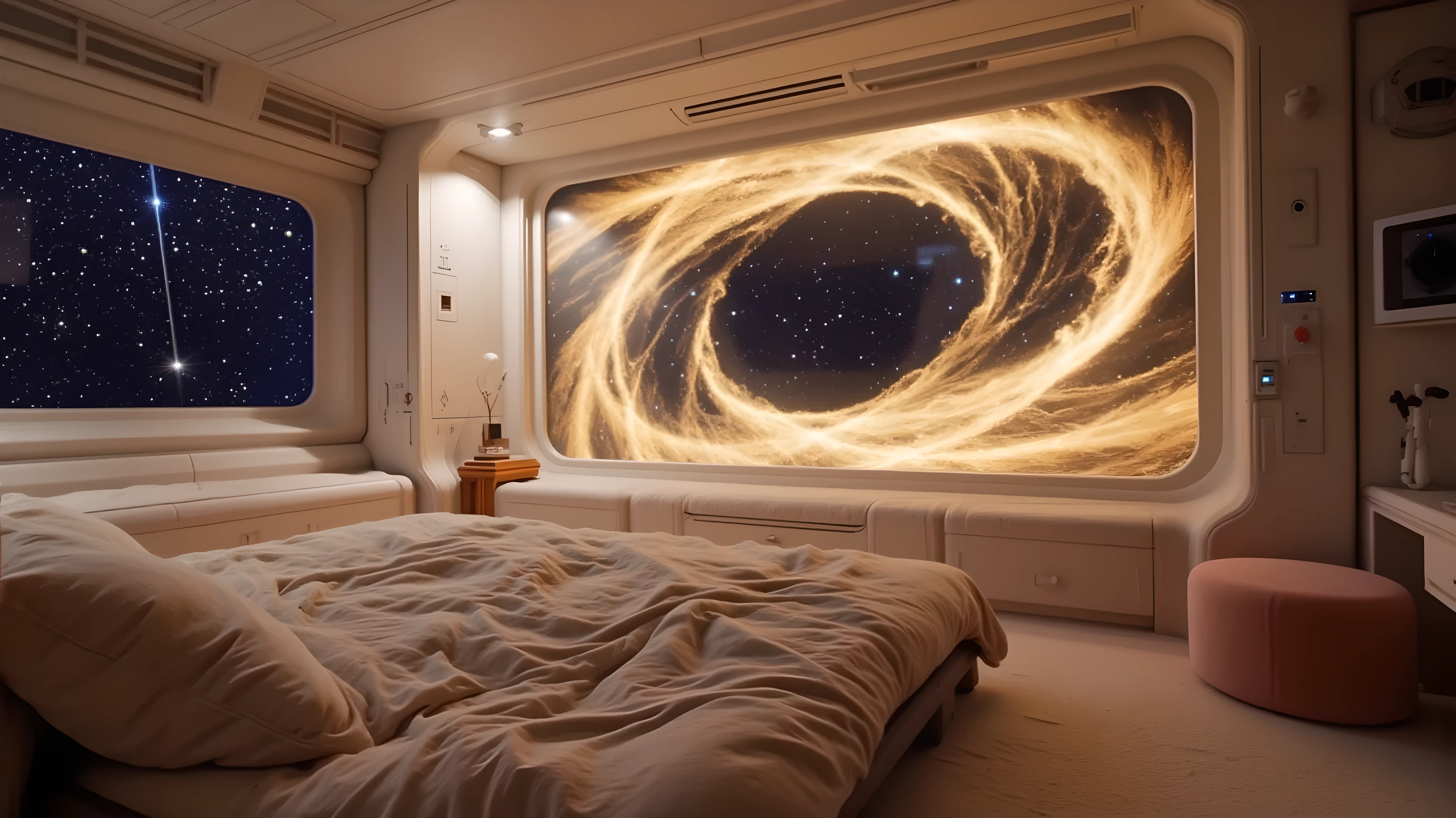 Scifi_Interior_Space,,james web space telescope,cosmos,nebula,spiral galaxy,cozy futuristic spaceship bedroom, large soft bed with blankets and pillows, full-wall floor-to-ceiling panoramic window showing a surreal cosmic phenomenon — a glowing black hole with gravitational distortions, ambient soft lighting, sci-fi control panels and computer displays inside the room, modern interior with warm tones, high detail, cinematic, 16:9