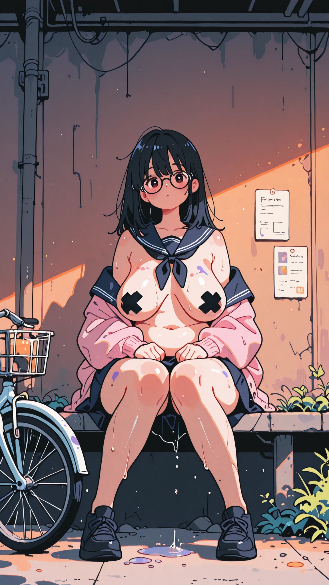 score_9, score_8_up , score_7_up , score_9, A girl,Exposed skin, perfect body, marks from being tied,firm , smooth ,huge bust, super body,curvy, student, slightly plump figure,full body photo,cute face, showing ,pitiful, delicate, white and fat, wet,soaking wet, powder , half-open clothing, deep V,real light and shadow, outdoors, pureerosface, sagging breasts,breasts apart,exposed shoulders, smooth shoulders,real skin details, oily and shiny skin, porcelain-like skin texture,(masterpiece, best quality, film grain), 1girl in navy sailor uniform with light pink cardigan, long black hair, black-frame glasses, sitting on ground with legs curled and hands clasping knees, melancholic gaze at viewer. Behind her, vintage rusty bicycle leaning against a dilapidated wall with peeling paint and stains. Shallow depth of field, warm amber lighting, retro atmosphere, soft focus, muted color palette, full-body shot, cinematic composition, Fujifilm Superia 400 film emulsion style