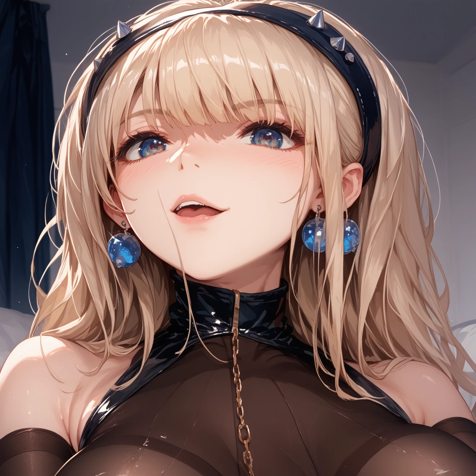blue eyes, Big breast, 20 years old, Woman, Beautiful, full body, wide hips, blonde hair, black hair, curly hair, bangs, long hair, wavy hair, shiny hair, jewelry, wide eyes, long-eyelashes, earrings, makeup, smile, blush, ear blush, bright pupils, seductive smile, glint, red lips, high detail, anime, anime style, depth of field, cinematic lighting, ray tracing, reflection light, cropped, wide shot, masterpiece, accurate, anatomically correct, super detail, high details, high quality, best quality, highers, 4K