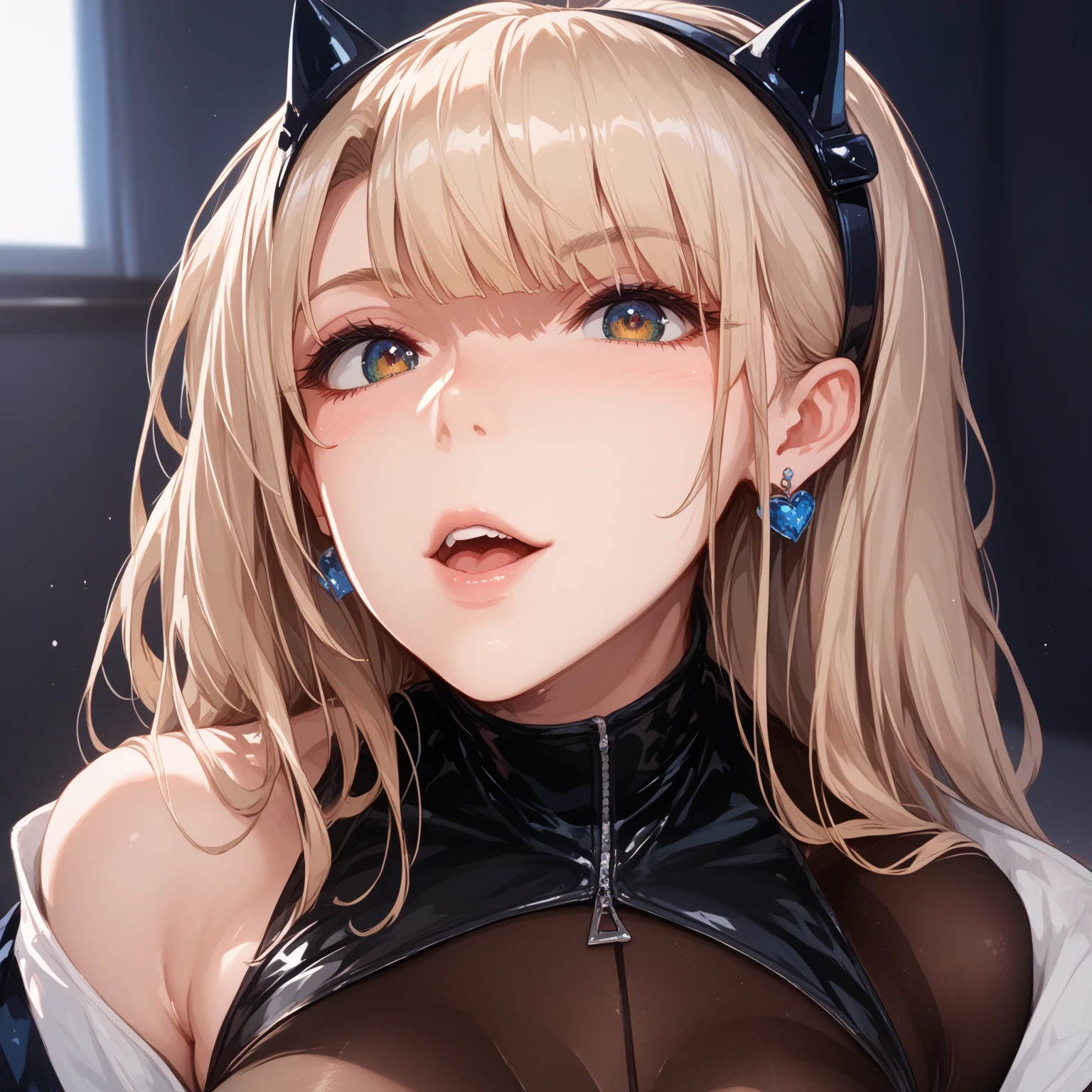 realisitic、top-quality、女の子 1 人、Cat's ears、White hair ,Medium Hair,Wavy Hair,Saliva、Choker、orgasm,Black PVC gloves、Gold PVC Bikini,Big breasts ,all-fours,profetional lighting