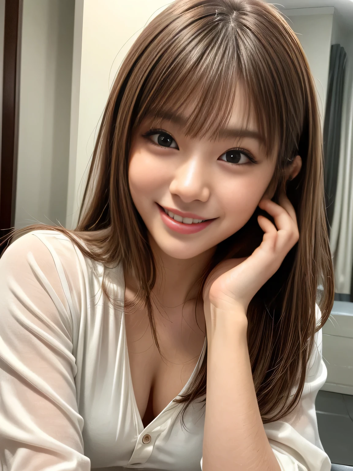 Ultra-high resolution, Superior Quality, highest quality, Super detailed, Realistic, 8K, RAW Photos, highest quality, masterpiece, Attractive girl, A wonderful girl, Brown Hair, Shoulder-length layered, Mesh Hair, Japanese Idols, Sophisticated, stylish, blouse,smile、Random cute poses、Selfie composition、Right hand to mouth、I'm in the city,Super huge