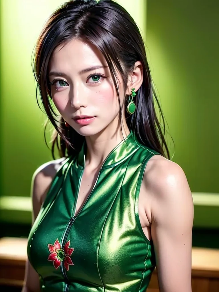 （A high resolution，high lighting，4K），Long face，1girll，the face，详细的the face，trpical garden，short detailed hair，She has a butterfly on her head，close-up face，The sun at noon，huge tit)，looking at viewert，Close range - intensity，Black latex clothes，Keep one's mouth shut realistic photos of 1 cute Korean star, short ponytail, white skin, thin makeup, 32 inch breasts size, wearing green leather suit, necklace, in the playground, night, upper body portrait, uhd