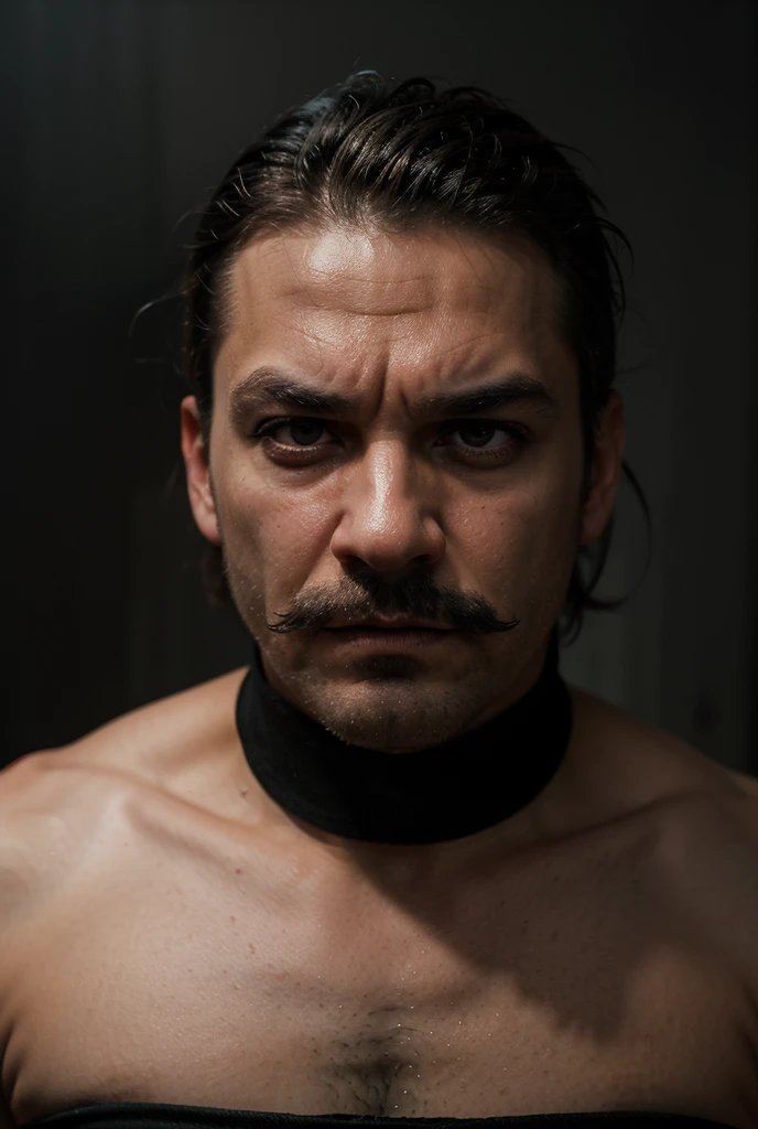 (best quality,4k,8k,highres,masterpiece:1.2),ultra-detailed,realistic, HDR,UHD, extreme detail description, professional, vivid colors, bokeh, portraits, dark, warm color tone, dramatic lighting, shirtless 18 year old boy, Muscles,Moustache, ropes, Crucified to wall, Both arms tied up