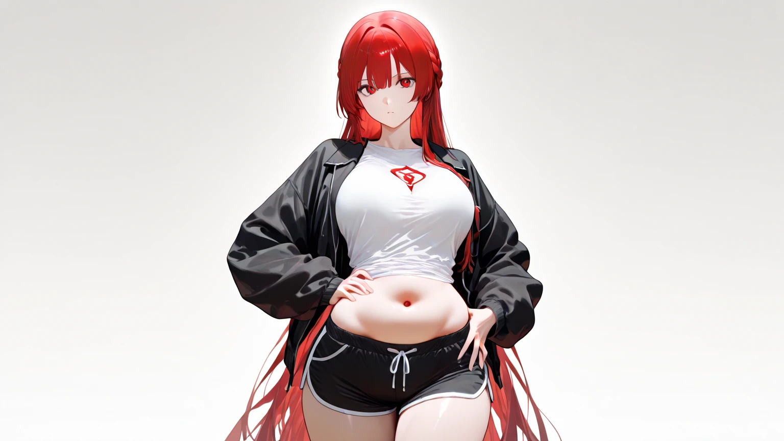Masterpiece, best quality, 1 girl, long hair, big bust, ((Red Hair)), ((long hair)),((White crop top)),Tight Shorts,Sexy,Sensual,Red eyes,Serious, emotionless, adult woman, seductive, hands on hips, ((chubby body))