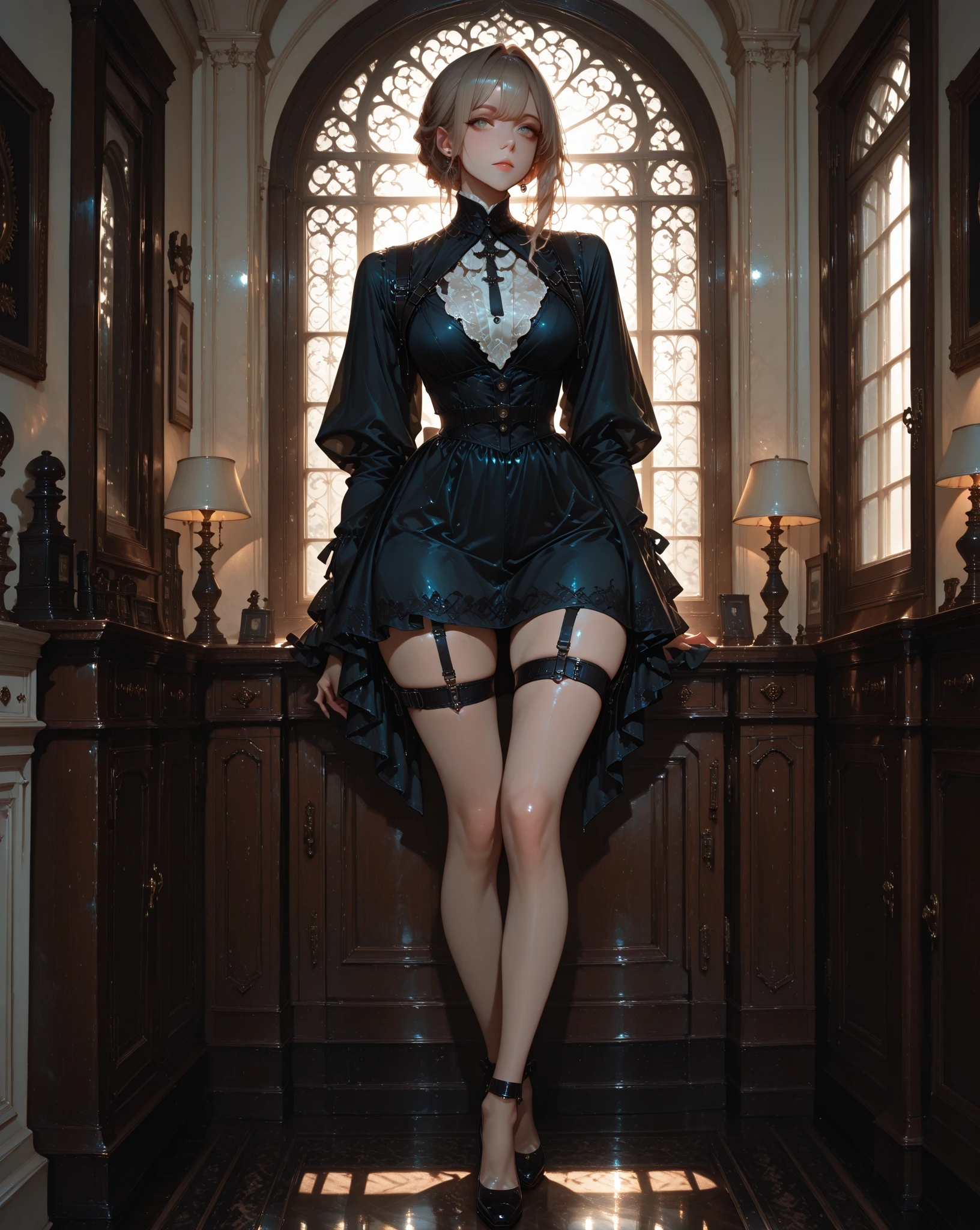 Emma Watson, vampire beauty, very curly red hair, very tiny gothic minidress, pantyhose, shoes, gloves, sun shiny day