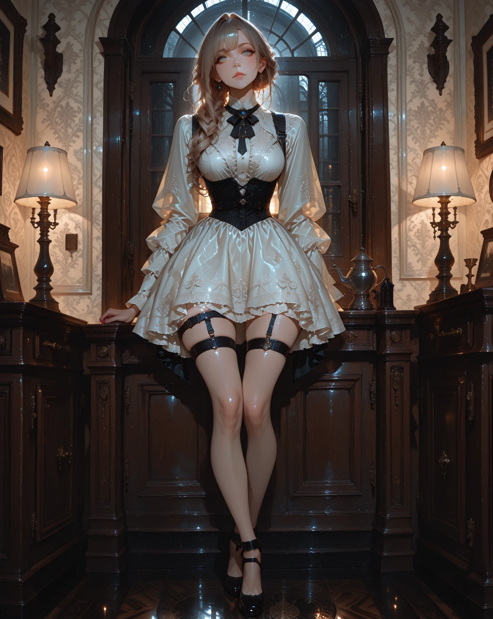 (The wind lifts the skirt:1.9)、(Best Quality,4K,8K,hight resolution,masutepiece:1.2),Ultra-detailed,(Realistic,Photorealistic,Photorealsitic:1.37),(Very mini skirt:1.9)、Virginia Otis, 15 years old、(Sexy panties visible.:1.9)、low angles、、 (a blond, Blue eyes),Thin,Cute face,Beautiful detailed eyes,Beautiful detailed lips,extremely detailed eye and face,long eyelashes,Victorian dark fantasy,Stroll around Canterville Castle at night,he died in 1887,in a garden,Moonlit landscape,Whispering Tree々,darker shadows,Unforgettable atmosphere,Mysterious,broody,gothic atmosphere,Antique architecture,Creepy mood,Dusty room,vintage furniture,Dramatic Lighting,cobblestone pathway,carved wooden door,Crimson Velvet Curtain,Gorgeous Chandeliers,Old oil paintings,squeaky floorboards,Moonlight shining through a stained glass window,secret passageway,Flickering candlelight,Only a faint whisper breaks the silence,presence of ghosts,The feeling of being watched,A tingling sensation in the spine,secrets hidden in the castle,The spiritual realm,paranormal phenomenon,unsettling ambiance,haunted house、