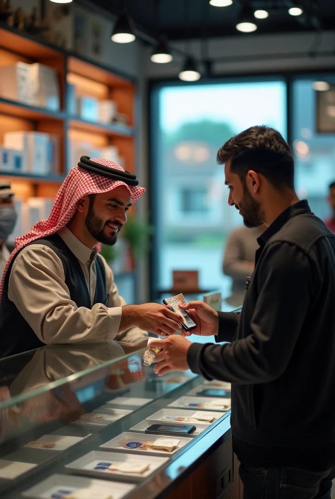 An Arab sheikh is giving a handkerchief to the owner of a goldsmith's shop, and there are two goldsmith shops, and the shop is built according to modern standards, and beautiful necklaces are lying behind them.