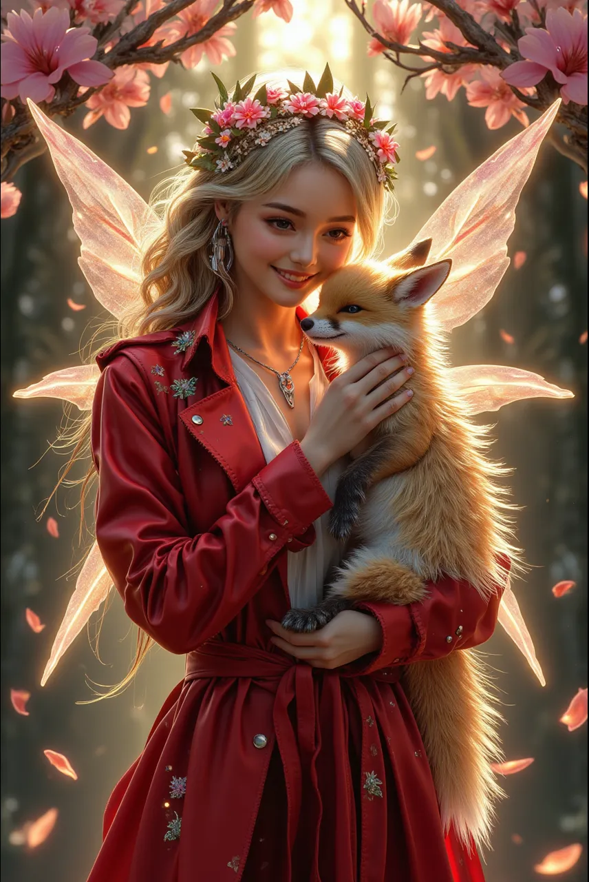 A magical, ethereal scene featuring a young fairy girl and a fantastical creature resembling a mix between a fox and a small winged beast. The girl has short, light brown hair adorned with delicate, sparkling accessories and pointed elf-like ears. She wears a shimmering dress made of intricate, glowing fabrics, giving off a soft, warm light. Her expression is one of gentle curiosity as she gazes at the creature, who is seated across from her amidst vibrant, luminescent flowers. The creature has large, expressive eyes, fluffy fur, and fairy-like wings that glisten in the ambient light. Both are bathed in a dreamy, mystical glow, surrounded by twinkling lights and soft, colorful foliage. The background is filled with an otherworldly, enchanting forest that exudes a sense of wonder and magic.
