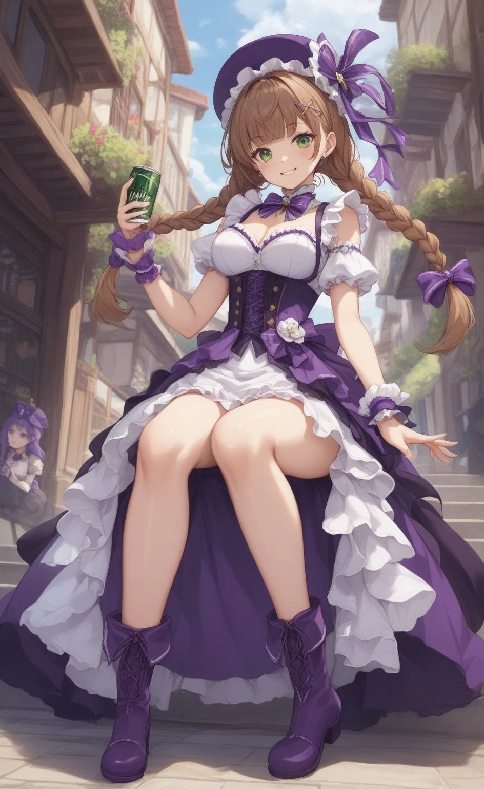 1girl, alternate costume, blush, smile, breasts, brown hair, long hair, choker, cleavage, purple eyes, detached sleeves, dress, frilled choker, frilled dress, frilled hairband, frilled sleeves, frills, hairband, headdress, hetero, large breasts, lolita fashion, lolita hairband, long hair, long sleeves, maid headdress, medium breasts, open mouth, purple bow, purple bra, purple dress, purple footwear, purple gloves, purple headwear, purple jacket, purple legwear, purple panties, purple pants, purple ribbon, purple shirt, purple skirt, purple sleeves, outdoor, bridge, morning, tarantula, red knee tarantula, tarantula on her shoulder